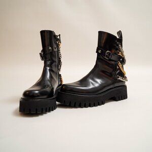 Casadei Black Leather Zip-up Chain Ankle Boots